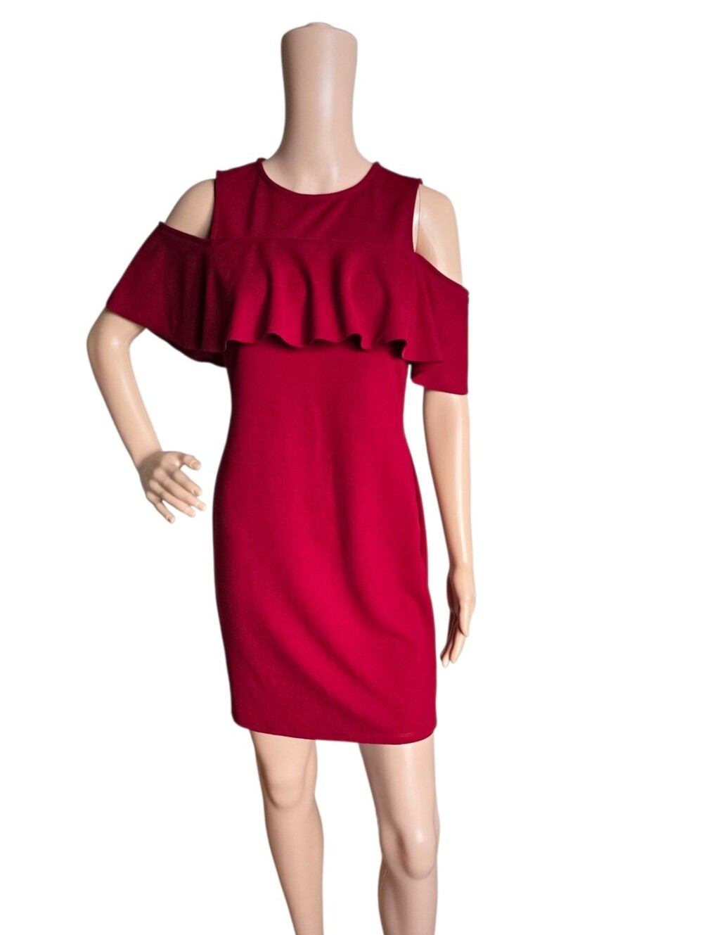 Cold-Shoulder Ruffle Sheath Dress in Deep Red - Picture 2 of 16